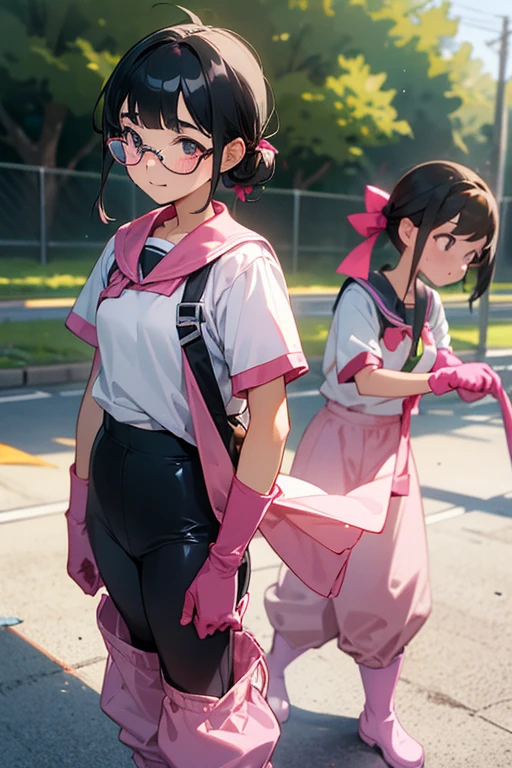 Two elementary school girls with glasses and black hair tied up, wearing short-sleeved gym clothes and long pants, wearing long pink rubber gloves and white rubber boots, are cleaning up a schoolyard in midsummer