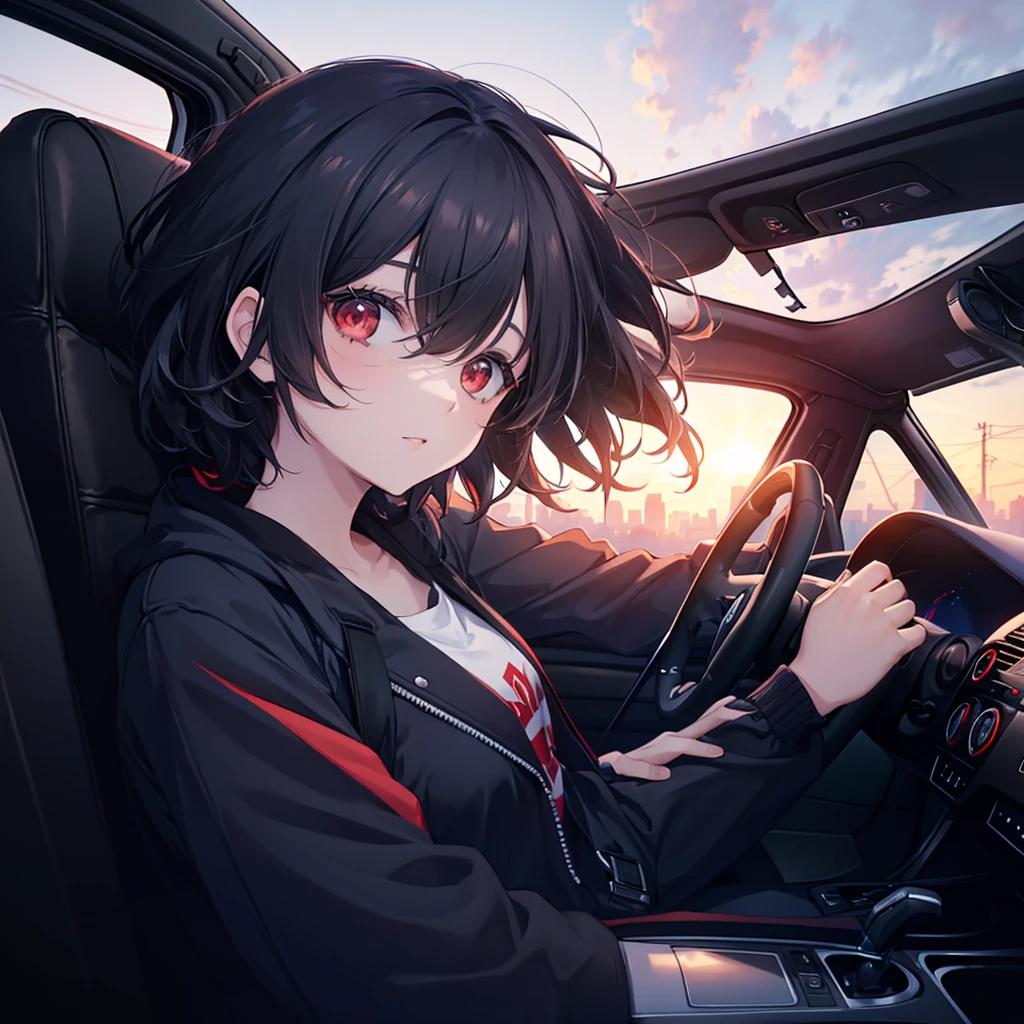 One woman((Inside the car,Stick your head out of the car window)) background,(In town,American style,new york) driver,Woman with hands on the steering wheel,(Black Hair,Red eyes,Super Shine) Anime Style,The wind is blowing