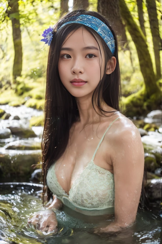 best quality, Masterpiece, Ultra high resolution, Ford Ka soaks in a hot spring in Japan, outdoor hot spring, stone hot spring, Surrounded by moss and trees, Very beautiful face, No makeup, Her hand picked up water and washed her face., There is some water dripping., Clearly visible pores, Wear a separate lace headband., perfect body (realism: 1.8), original photo, Her body was soaked all the way to her chest., covered with sweat, bare shoulders, in the dark, smoke, deep shadow, side view, Candid Photo, discreet and cool light, cool light