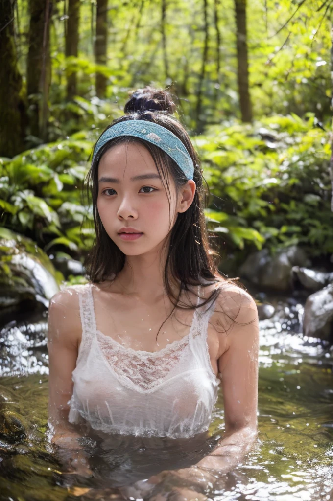 best quality, Masterpiece, Ultra high resolution, Ford Ka soaks in a hot spring in Japan, outdoor hot spring, stone hot spring, Surrounded by moss and trees, Very beautiful face, No makeup, Her hand picked up water and washed her face., There is some water dripping., Clearly visible pores, Wear a separate lace headband., perfect body (realism: 1.8), original photo, Her body was soaked all the way to her chest., covered with sweat, bare shoulders, in the dark, smoke, deep shadow, side view, Candid Photo, discreet and cool light, cool light