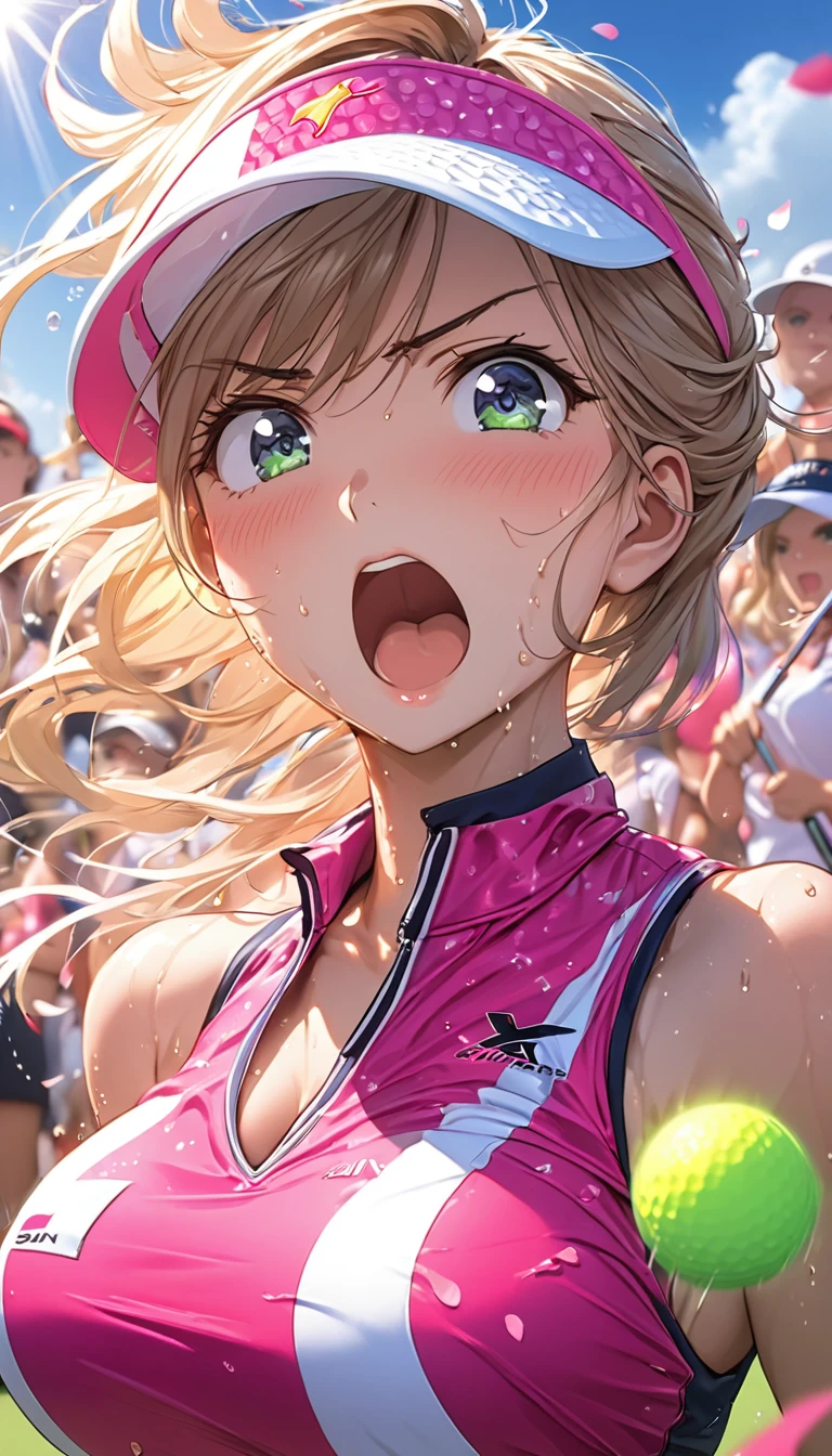 (Sports magazine cover photo), Highest quality, Great quality, 16K, Unbelievably absurd, Very detailed, delicate and dynamic, Natural light, The particles reflect light, Diffuse reflection of light, Many rainbow-colored petals fall, Beautiful field, Sparkling Sun, Diffuse reflection of light, Create amazing image effects, , Wet, sweating, golf, Hitting a Golf Ball, Sun visor, Close-up(Cute sexy girl, big bouncing busts, Sensual expression, Cool girl, Serious, passion, Dynamic, Flashy golf wear, ,audience , much-air-laden cheer)