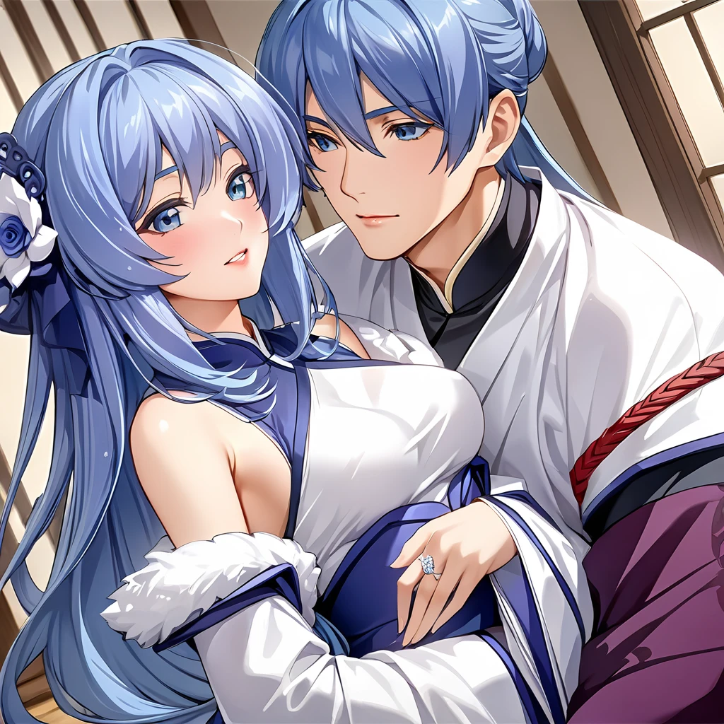 ((Highest quality)), ((masterpiece)), (detailed), （Perfect Face）、The woman is an ordinary Chinese woman with medium-long blue hair who is married to a Chinese man and is wearing an engagement ring.、The woman is dressed in typical Chinese clothing.