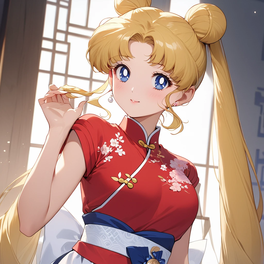 ((Highest quality)), ((masterpiece)), (detailed), (Perfect Face)、The woman is Tsukino Usagi, who is married to a Chinese man. She is an ordinary Chinese woman with long blonde hair in a chignon and twin tails, and is wearing an engagement ring.、The woman is dressed in typical Chinese clothing.