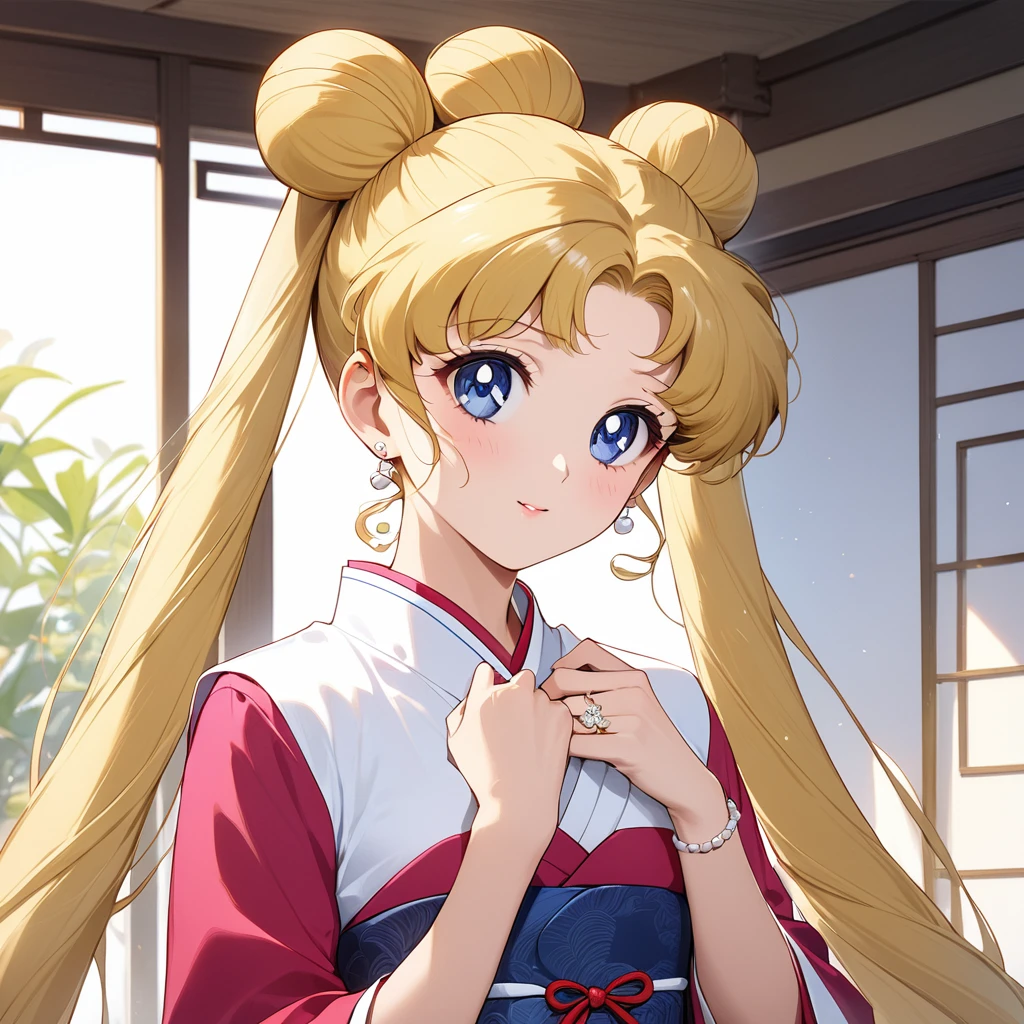 ((Highest quality)), ((masterpiece)), (detailed), (Perfect Face)、The woman is Tsukino Usagi, who is married to a Chinese man. She is an ordinary Chinese woman with long blonde hair in a chignon and twin tails, and is wearing an engagement ring.、The woman is dressed in typical Chinese clothing.