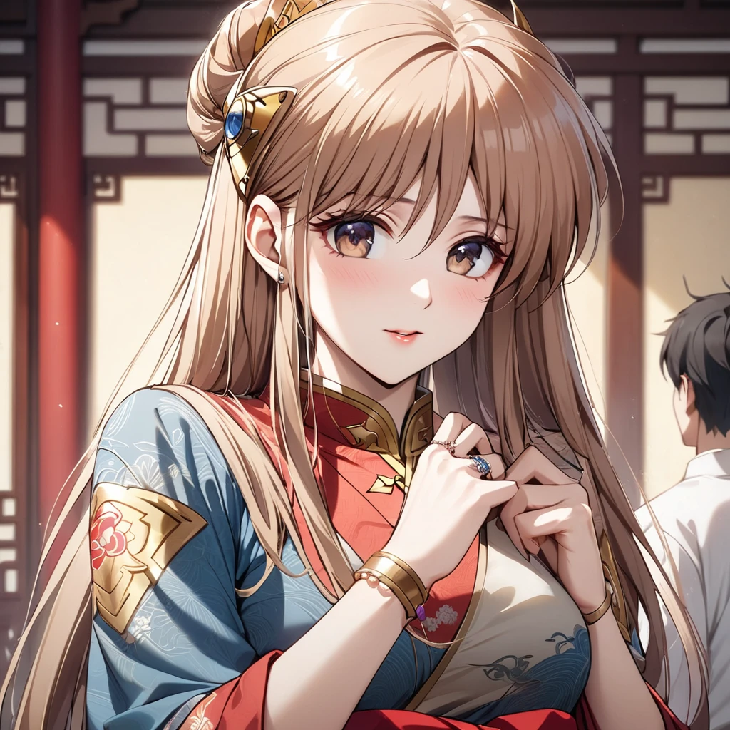((Highest quality)), ((masterpiece)), (detailed), (Perfect Face)、The woman is Princess Leona, who married a Chinese man, and is an ordinary Chinese woman with light brown, medium-long hair and an engagement ring.、The woman is dressed in typical Chinese clothing.