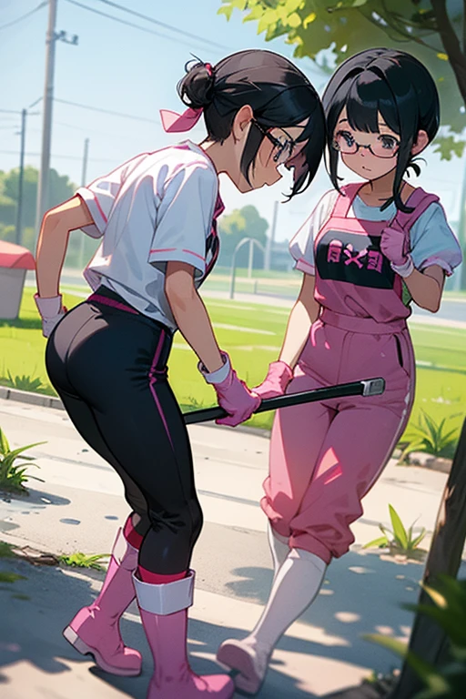 Two elementary school girls with glasses and black hair tied up, wearing short-sleeved gym clothes and long pants, wearing long pink rubber gloves and white rubber boots, are cleaning up a schoolyard in midsummer