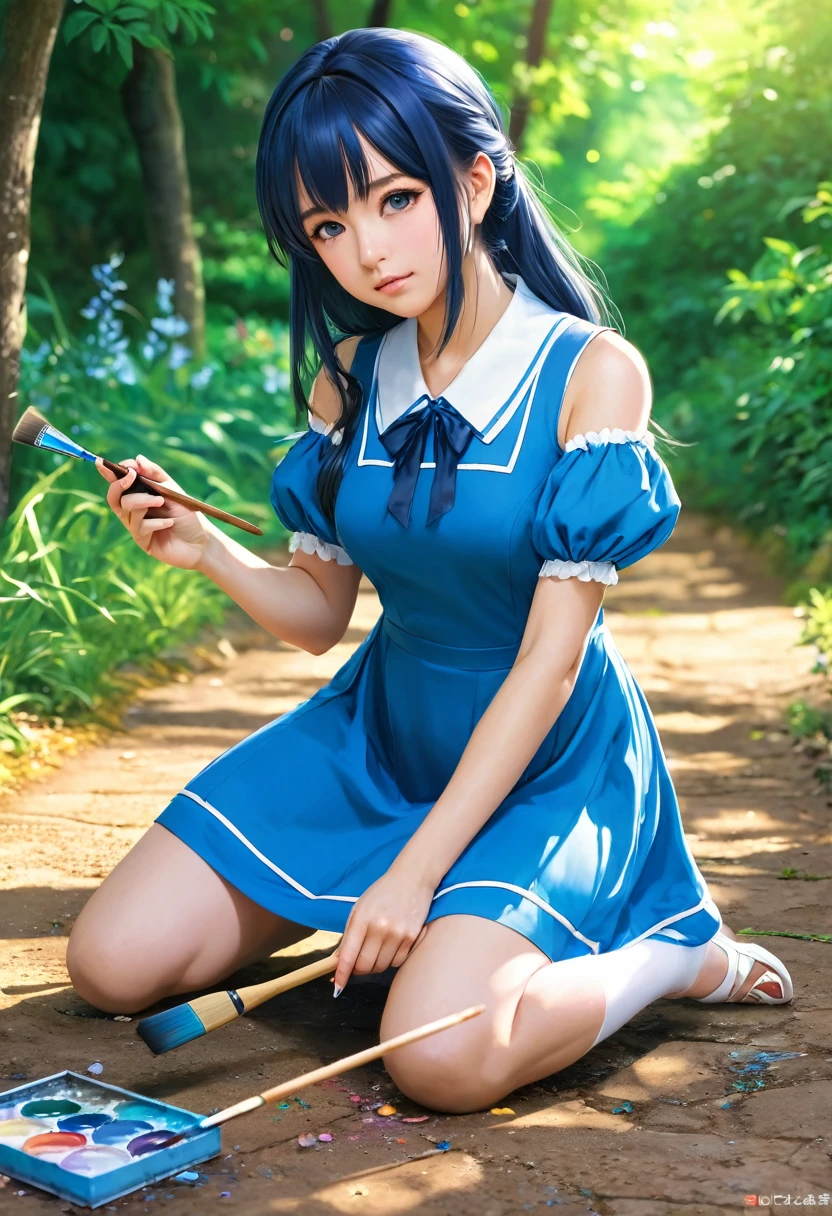 Anime girl in a blue dress kneeling on the ground holding a paintbrush, Best anime 4k konachan wallpaper, Also, Gwaiz, Gwaiz on pixiv artstation, Beautiful anime girl crouching, Enchanting anime girl, Anime Style 4k, artstation pixivでトレンド, Gwaiz on artstation pixiv