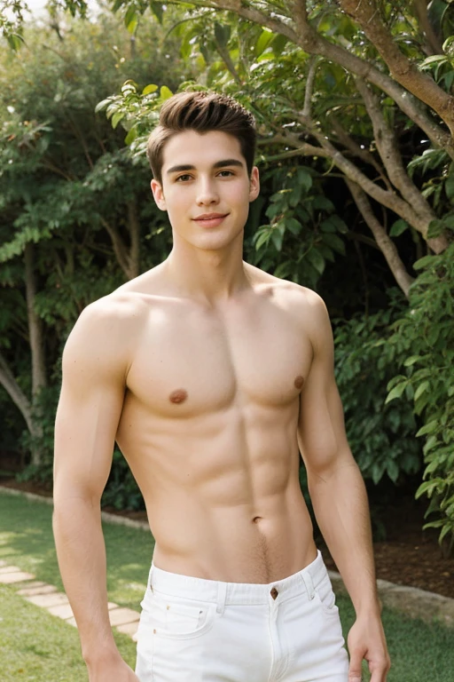 Young cute handsome face beautiful white skinny smooth skin without shirt in a garden picking durano fruit