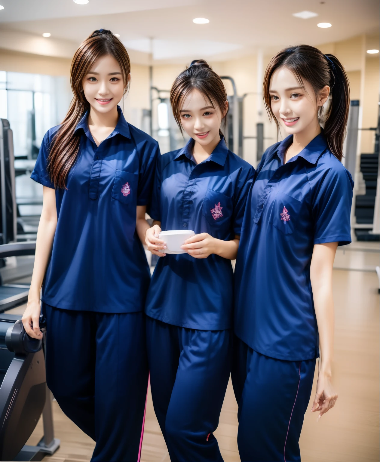 3 girls in fitness center, Navy blue short-sleeved shirt,Navy Long Trackpant,Sweatpants, Sweatpantsขายาว,25 year old girl, lesbian, sexy, exercise clothes, wet body, exercise clothes