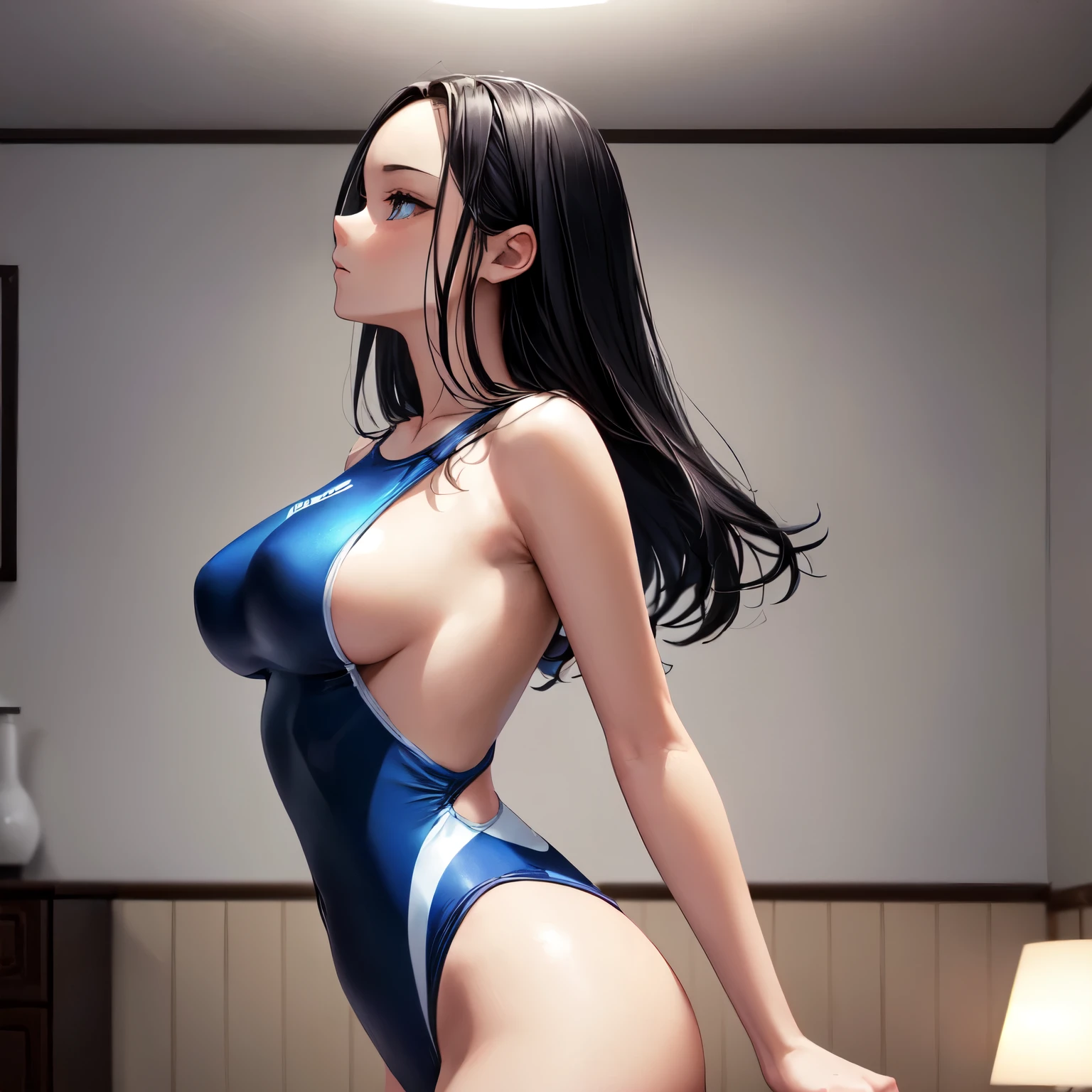 (4K,masterpiece,best quality,ultra detailed,high resolution),(night,ceiling light),from front,from side,((solo)),(beautiful woman),(black hair,straight hair,medium hair,forehead),(beautiful detailed face,beautiful detailed eyes),(finely detailed skin),(skinny,short,medium breast,perky breast,medium hip),(simple room,white-wall),(one-piece competition swimsuit,blue-swimsuit),