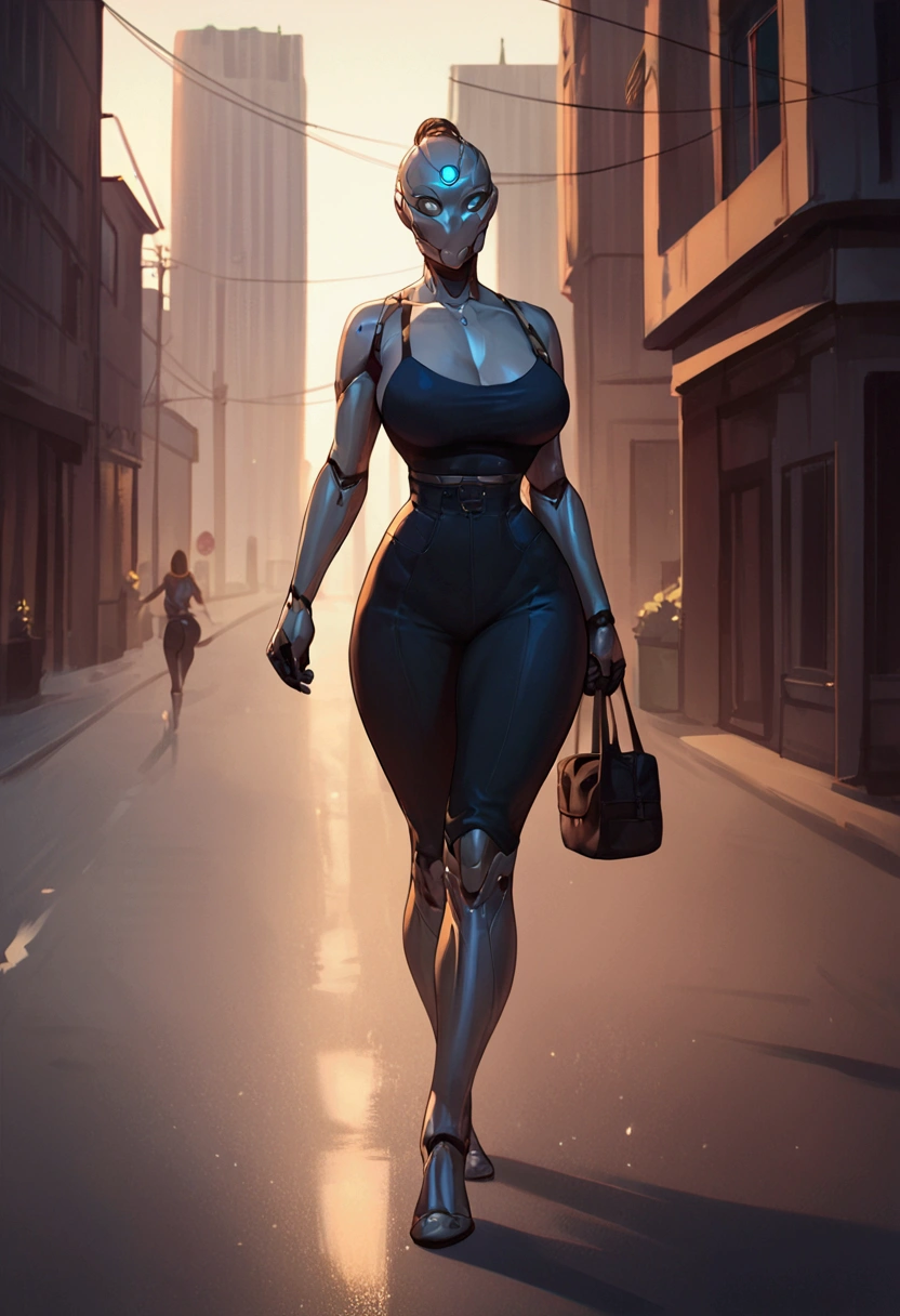 sexy mechanical creature walking in the city, daylight
