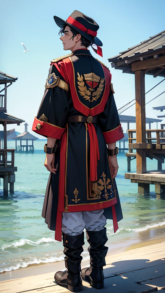 A caporal dancer with his back turned with his hat in his hand and the hat saying Pier