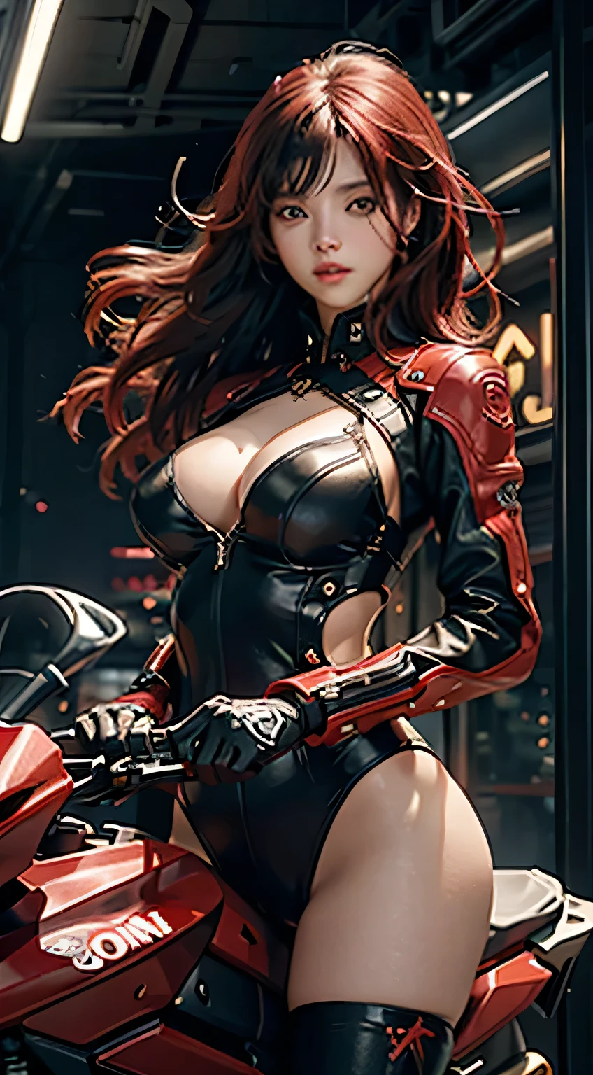 The highest image quality, pending details, ultra-high resolution, (Reality: 1.4), the best illustration, favor details, 1girl , with a delicate and beautiful face, rosto scarlett johson,dressed in a black and red mecha, giant breasts and deep cleavage, red hair, holding a directional controller, riding a motorcycle, the background is a high-tech lighting scene of the future city.