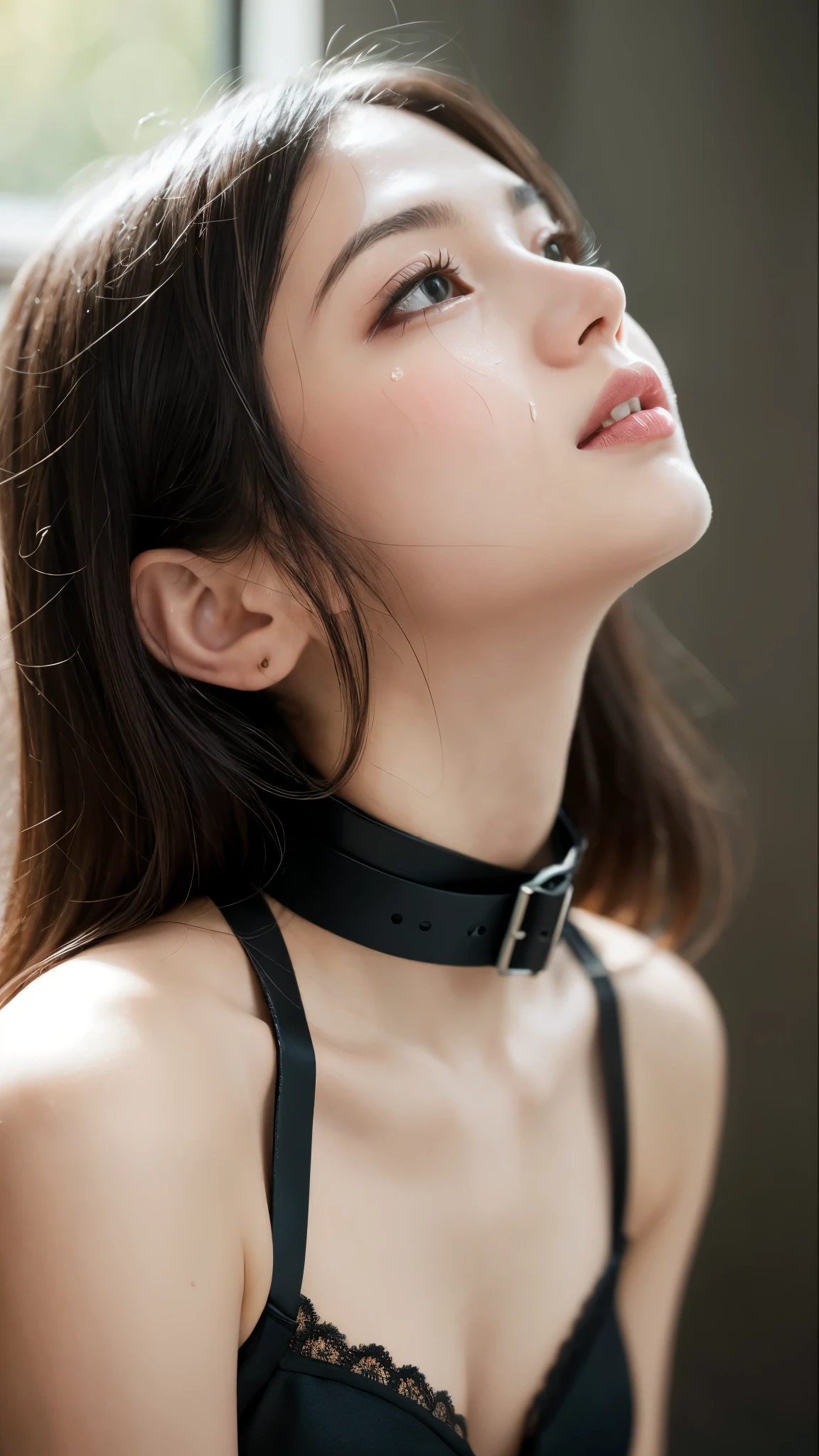 ((Bondage))、((Hanging:1.3))、((Tied up:1.3)), Dark Torcher Chamber 、masterpiece, Best Quality, 8k, 1 person, 20 I,   and look at the camera, Ambiguous Language, close, close up of face, Alone, cute, Like, delicate, Pure beauty,  RAW photo,  professional photos, Portraiture, Soft light,  professional lighting, Backlight,   I'm looking forward to seeing you  , Sophisticated,  film grain, ( Eye and Face Details:1.0), Big breasts and long hair floating , bondage,  color,beautiful,  Flowing Hair ,  with a crooked back 、bangs, whole body、(Bondage:1.5),(Leather bondage:1.3),(Harness:1.5),(Limited:1.5),(woman&#39;Hands tied:1.3),(Hanging on chains:1.5),(Restraint device:1.3),(  leather belts ),(Tied up動けない),(Masochism:1.5),(eroticism),( Bose Arm Pitts Visible:1.5),( place your hands behind your head:1.5),(Leather Panties:1.3)Big Breasts