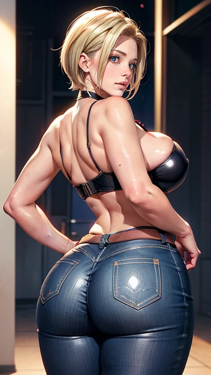 Dragon Ball, Android 18, 1girl, ((bimbo))), Oiled Skin, short blond hair, blue eyes, puffy lips, painted lips, thick lips, wide hips, thick thighs, enormous round fake breast, huge ass, shiny skin, tight dark black jeans, bra, walking, looking back