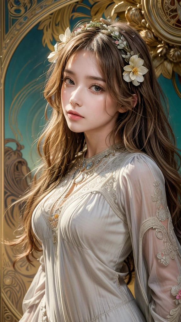European woman face portrait, Long curly hair, Blonde, Flower frame, Decorative panels, Abstract Art, author:Alphonse Mucha (masterpiece, best quality, high resolution: 1.4), detailed, Intricate details, 4K, Splash of Color, Line Art, Fibonacci, underwear