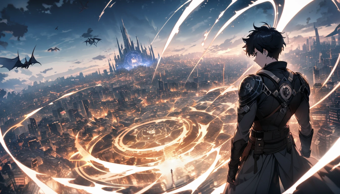 A pale magic circle floating in the air, ,The hero who stopped the world from being destroyed, The back of the character, City as background