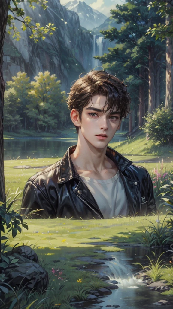 ((best quality)), ((masterpiece)), (detailed), ((Perfect face)), ((Half Body)) Handsome face, male, Teenage Boy,  Perfect proportion , cartoon《Pokemon》Role in, short hair, male version , detailed background, detailed scenery background 