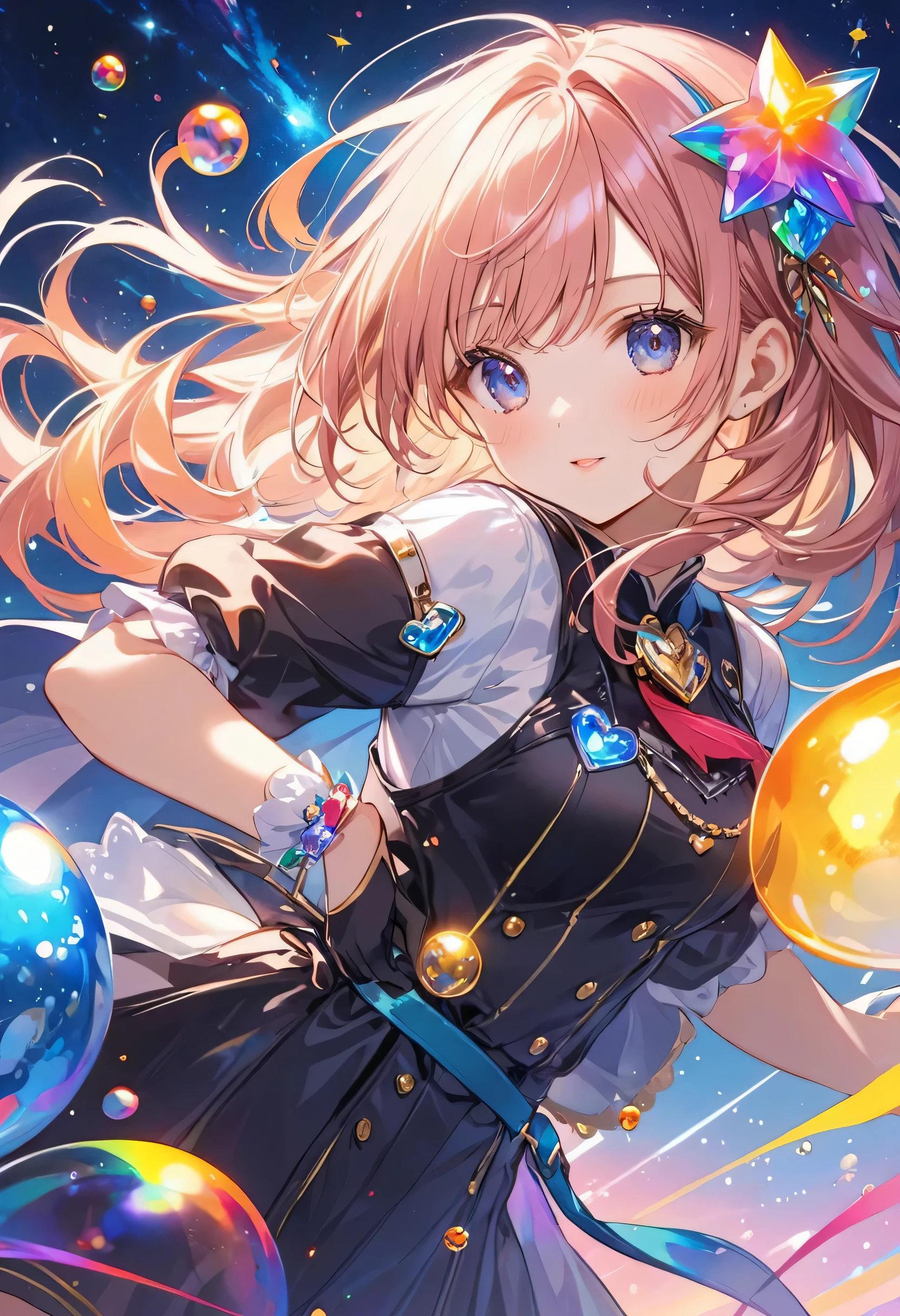 Mika Pikazo colorfull style, Simple Line Initialism,Abstract art,(((The most beautiful girl of all time))), (((chibi))), Sweet face. colorful hearts, funny design, (((bosom buddy ))), (((Cute Aliens))), The background is space