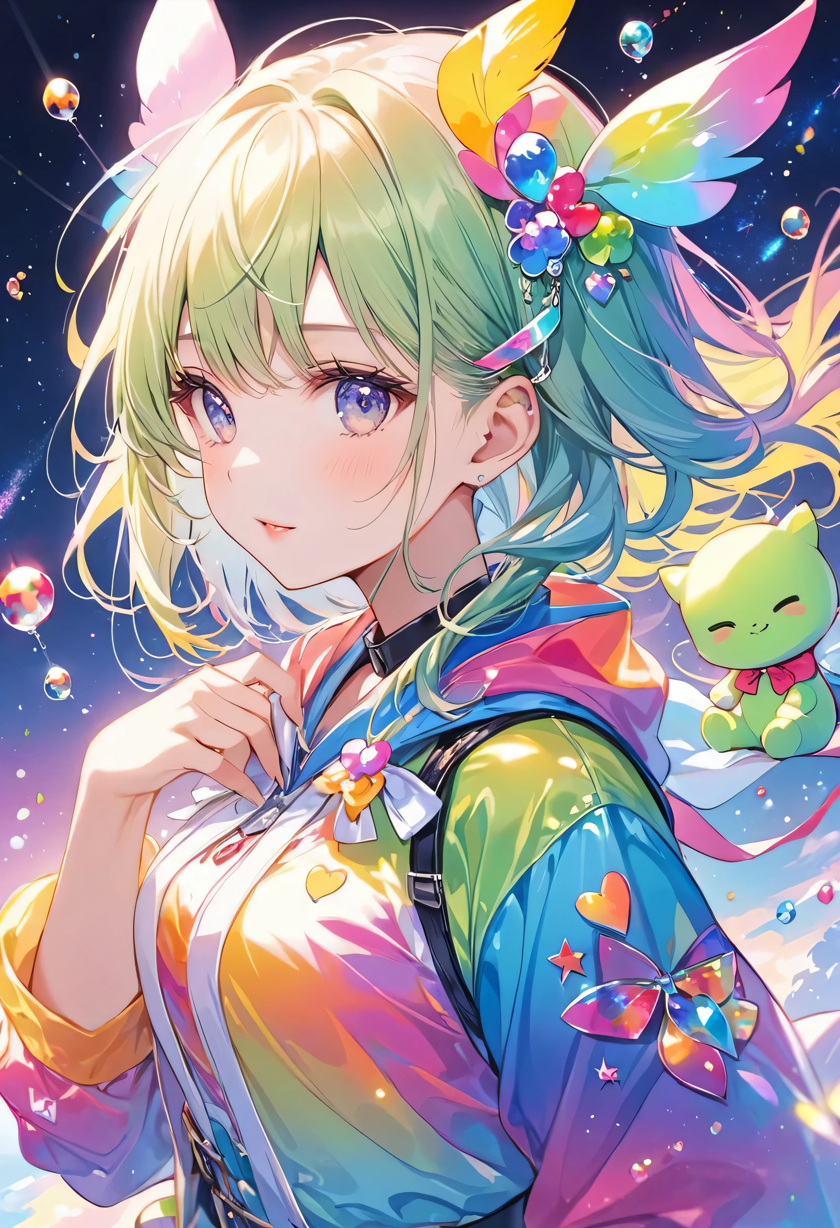 Mika Pikazo colorfull style, Simple Line Initialism,Abstract art,(((The most beautiful girl of all time))), (((chibi))), Sweet face. colorful hearts, funny design, (((bosom buddy ))), (((Cute Aliens))), The background is space