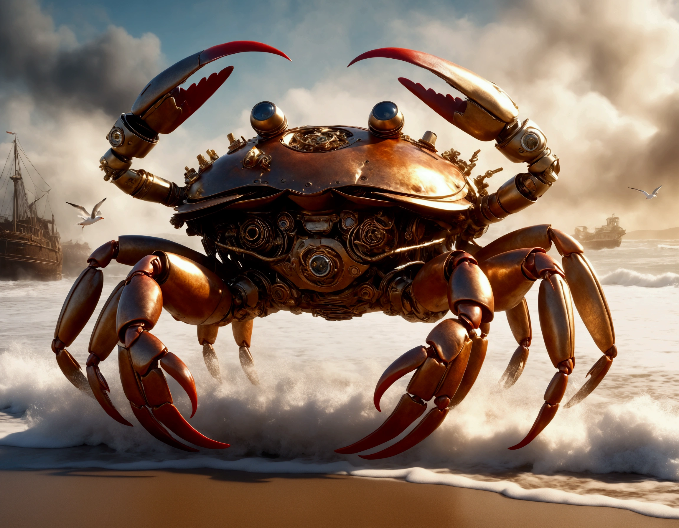 a steam punk crab cyborg, robotic seagull, battle on beach, highly detailed, cinematic, dramatic lighting, gritty, moody, metallic textures, rust, steam effects, explosion effects, epic scale, dynamic poses, photorealistic, 4k, 8k, hyper detailed, award winning concept art