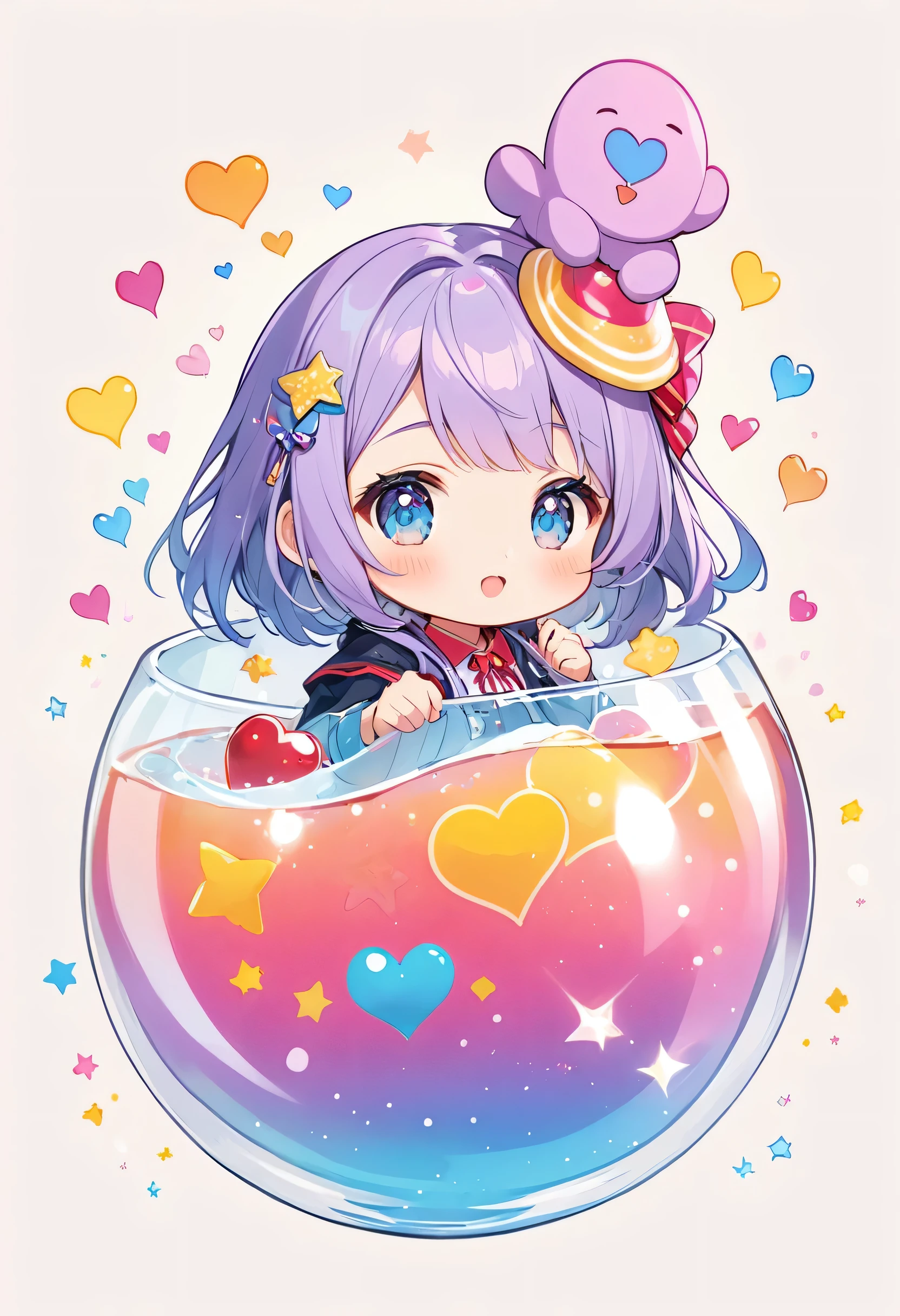 Mika Pikazo colorfull style, Simple Line Initialism,Abstract art,(((The most beautiful girl of all time))), (((chibi))), Sweet face. colorful hearts, funny design, (((bosom buddy ))), (((Cute Aliens))), The background is space