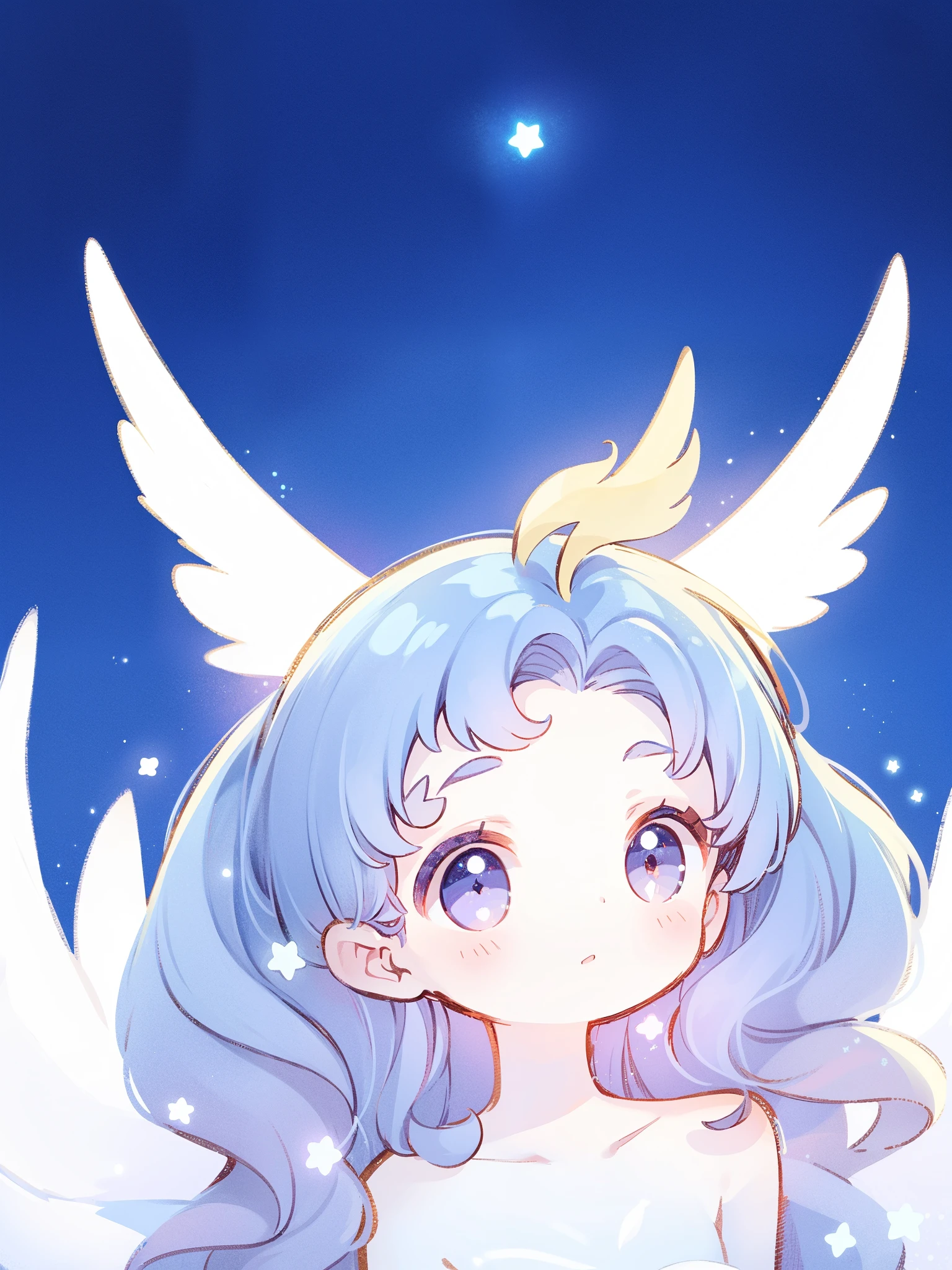 nude angel girl wearing an ethereal translucent dress, pale skin, ((wavy gradient blue purple hair)), white feathers, angel wings, sparkling detailed eyes, golden ratio face, perfect composition, highly detailed, ethereal, (starry night sky background), midjourney style