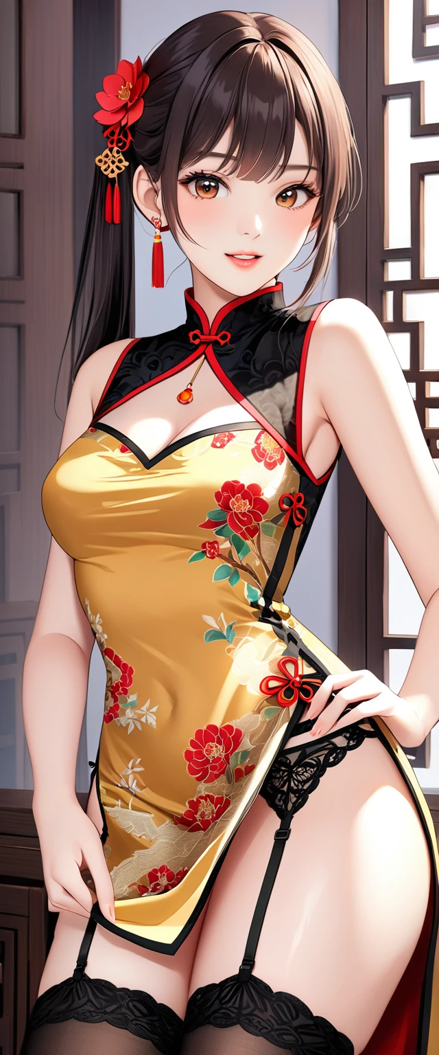 High resolution, adult woman , good lighting, despicable, , (No nudity), (((China dress))), (()), ((())), (garter belt), abdomen only, (),  ,  cute face, I&#39;m embarrassed and blush, humiliating, ((turn around and look back)), ((See-through))()(T-back)(a large amount of  is on the body,)