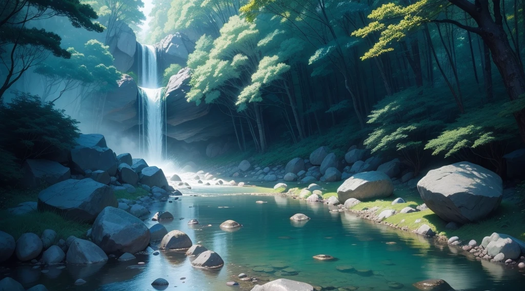 forest, flow, There are many large rocks and small stones near the stream.., Blue Water, Strong running water, Hand-drawn style, Wacom, anime, animeーション, anime style