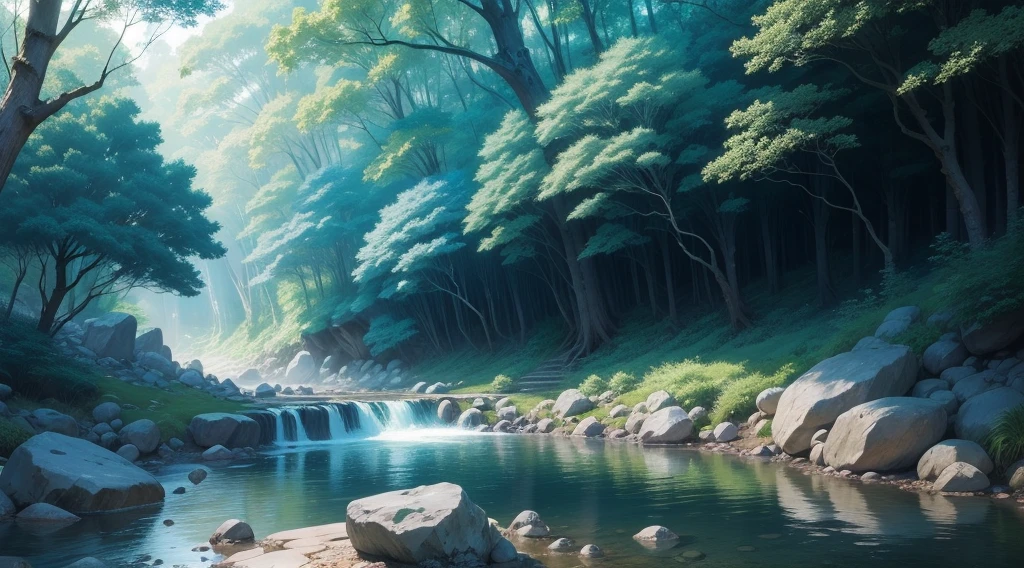 forest, flow, There are many large rocks and small stones near the stream.., Blue Water, Strong running water, Hand-drawn style, Wacom, anime, animeーション, anime style