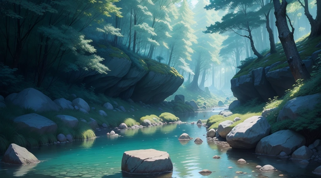 forest, flow, There are many large rocks and small stones near the stream.., Blue Water, Strong running water, Hand-drawn style, Wacom, anime, animeーション, anime style