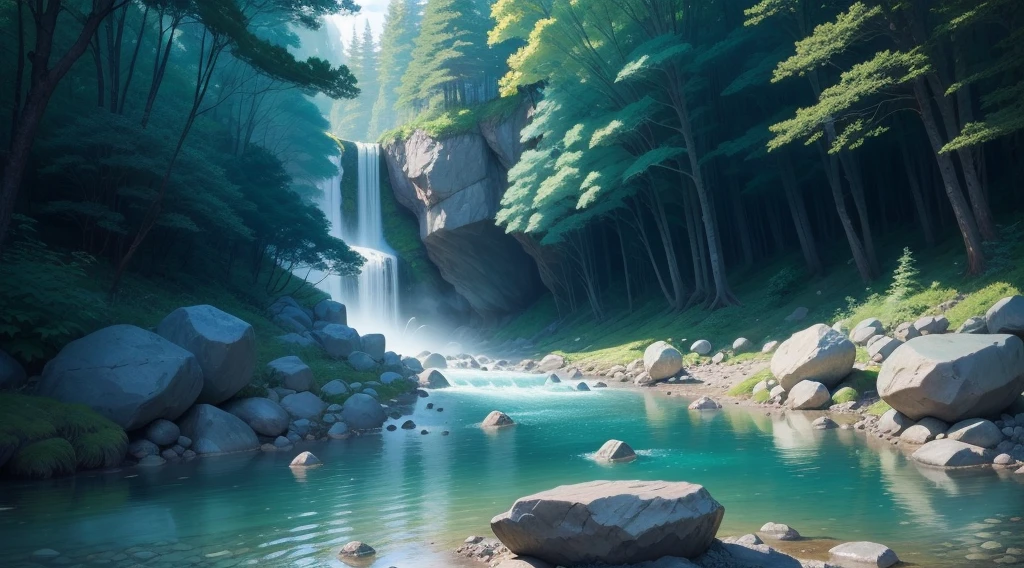 forest, flow, There are many large rocks and small stones near the stream.., Blue Water, Strong running water, Hand-drawn style, Wacom, anime, animeーション, anime style