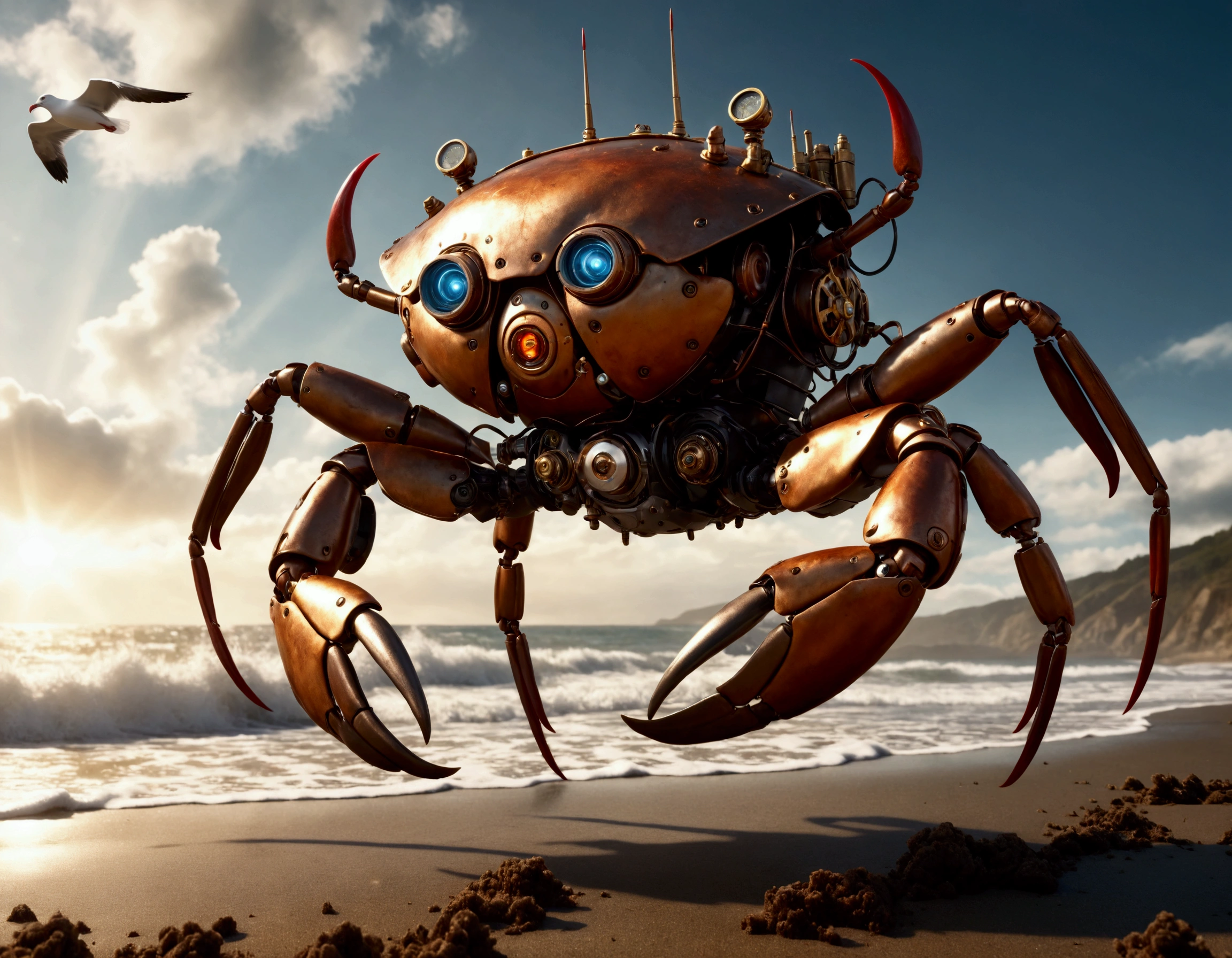 a steam punk crab cyborg, robotic seagull, battle on beach, highly detailed, cinematic, dramatic lighting, gritty, moody, metallic textures, rust, steam effects, explosion effects, epic scale, dynamic poses, photorealistic, 4k, 8k, hyper detailed, award winning concept art