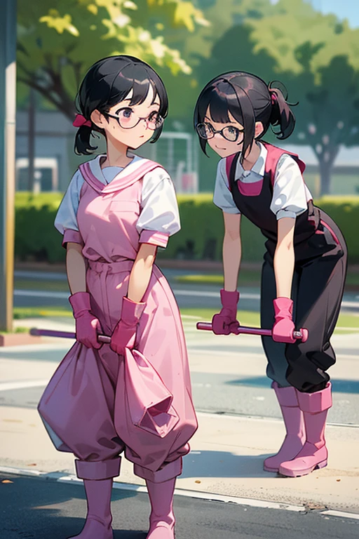 Two elementary school girls with glasses and black hair tied up, wearing short-sleeved gym clothes and long pants, wearing long pink rubber gloves and white rubber boots, are cleaning up a schoolyard in midsummer