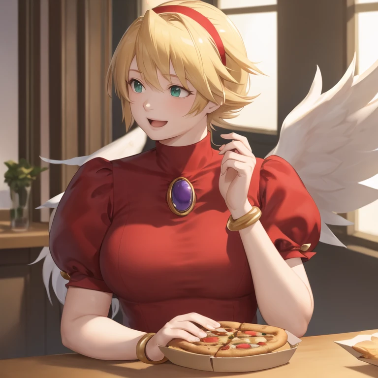 masterpiece, best quality, highres, ccnina, blonde hair, short hair, (floating hair:1.1), hairband, green eyes, white wings,With big and fat body, feathered wings, red dress, brooch, puffy sleeves, bracelet, Clothing that fits your body, smile, eating, pizza, indoor, sitting, upper body plus, open mouth,