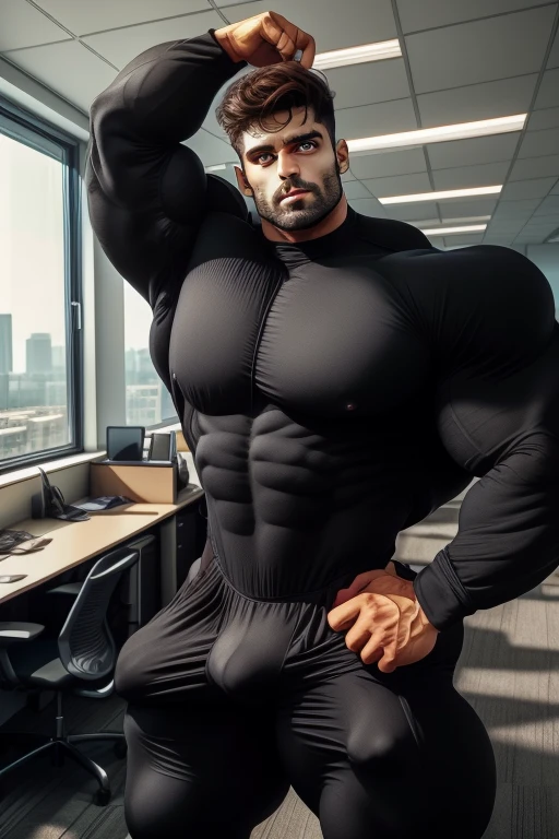 Indian 30 years old muscular bodybuilder business man, award-winning perfect photo of a bodybuilder man, tight fittted black flight suit with black accents with huge bulge, brown hair falling on his face, (beautiful black eyes:1.35), square jawline, asymmetric face, standing in front of a window in office, head to thighs, realistic, hd, hdr, 