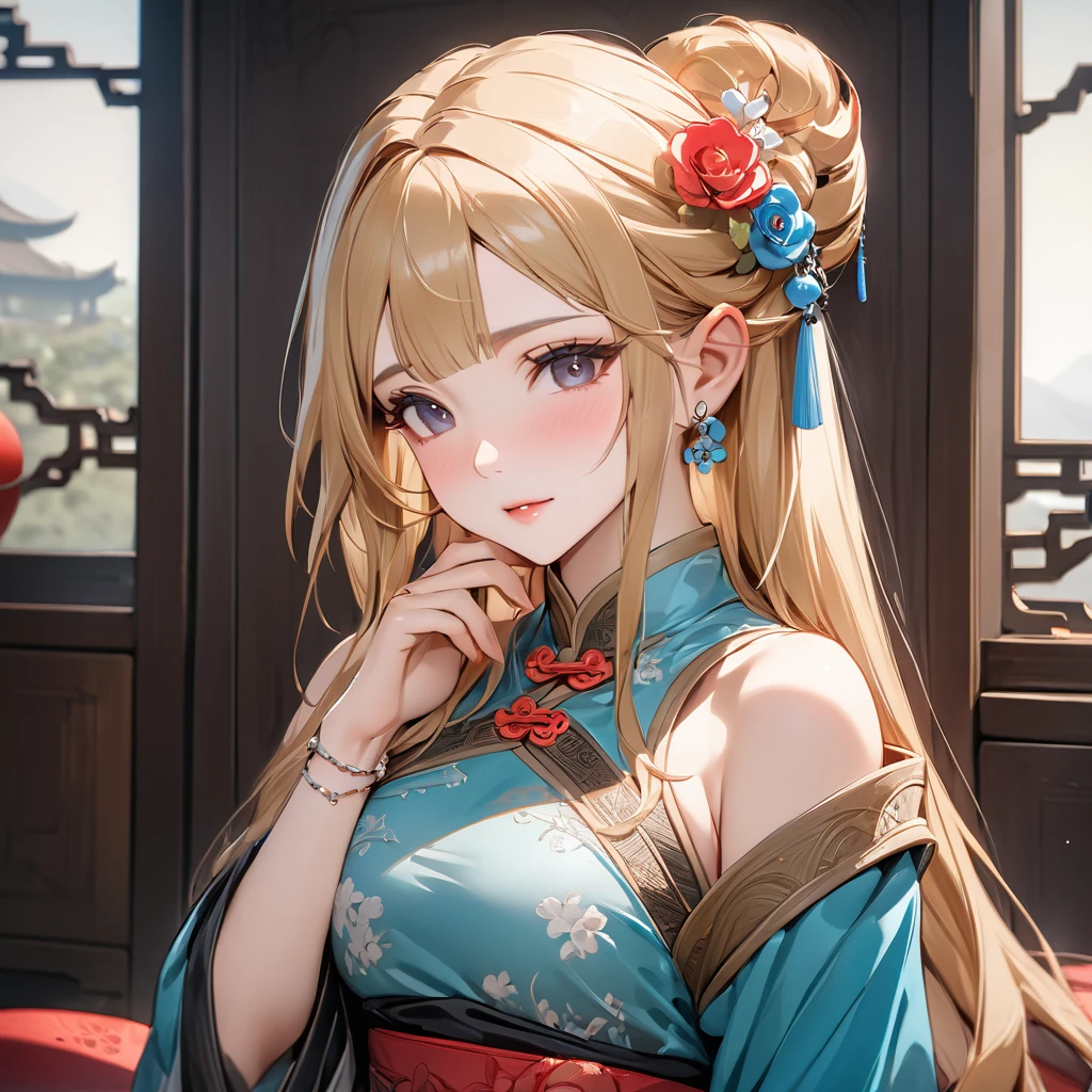 ((Highest quality)), ((masterpiece)), (detailed), (Perfect Face)、The woman is Princess Zelda who married a Chinese man, an ordinary Chinese woman with medium-long blonde hair and an engagement ring.、The woman is dressed in typical Chinese clothing.
