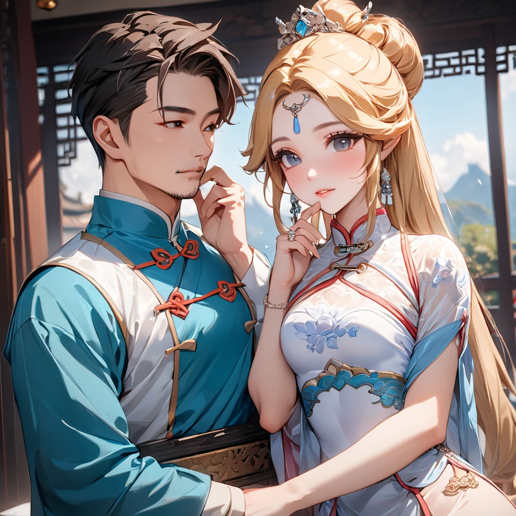 ((Highest quality)), ((masterpiece)), (detailed), (Perfect Face)、The woman is Princess Zelda who married a Chinese man, an ordinary Chinese woman with medium-long blonde hair and an engagement ring.、The woman is dressed in typical Chinese clothing.