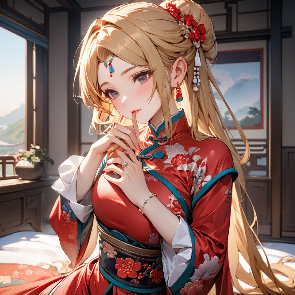((Highest quality)), ((masterpiece)), (detailed), (Perfect Face)、The woman is Princess Zelda who married a Chinese man, an ordinary Chinese woman with medium-long blonde hair and an engagement ring.、The woman is dressed in typical Chinese clothing.