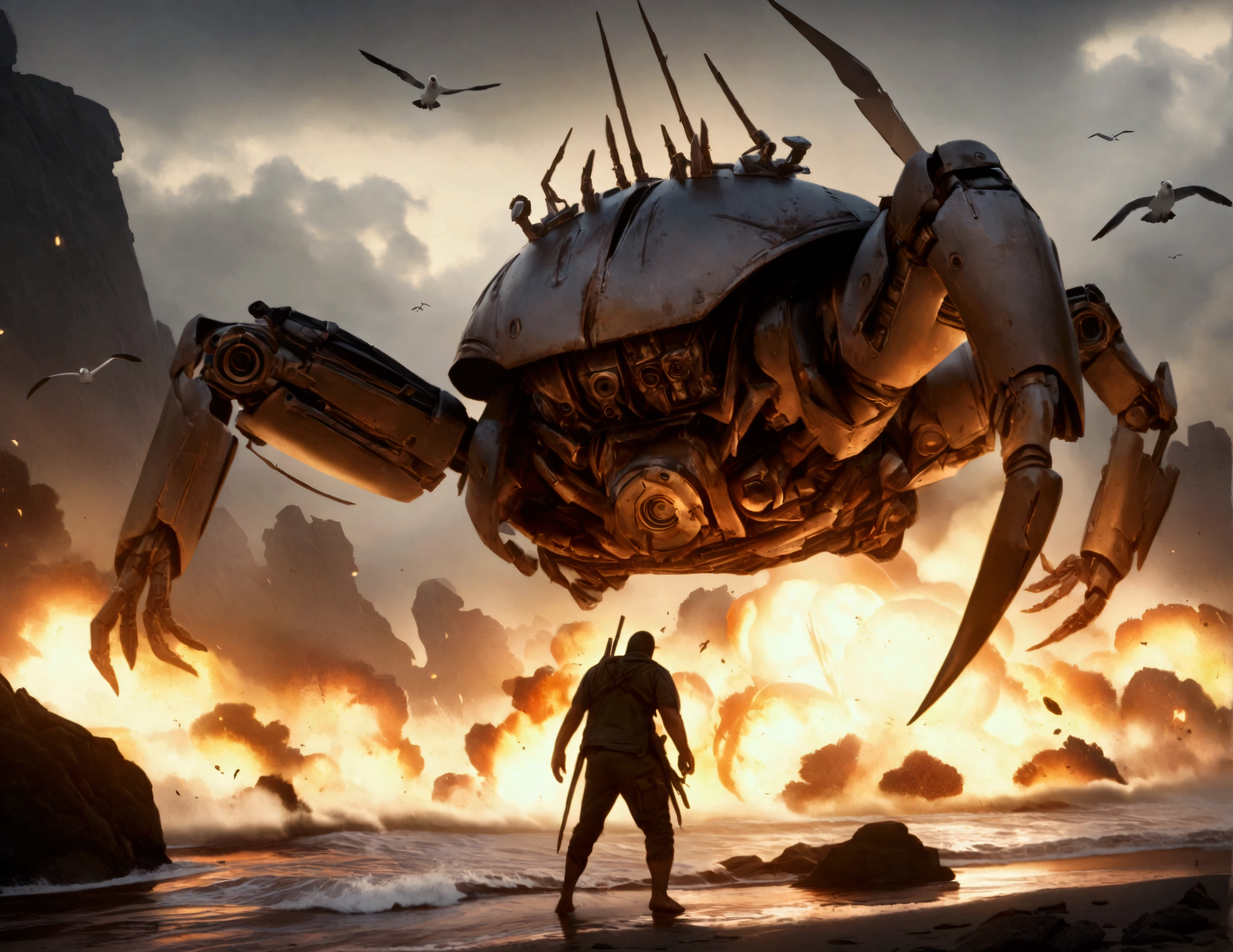 a steam punk crab cyborg, robotic seagull, battle on beach, highly detailed, cinematic, dramatic lighting, gritty, moody, metallic textures, rust, steam effects, explosion effects, epic scale, dynamic poses, photorealistic, 4k, 8k, hyper detailed, award winning concept art
