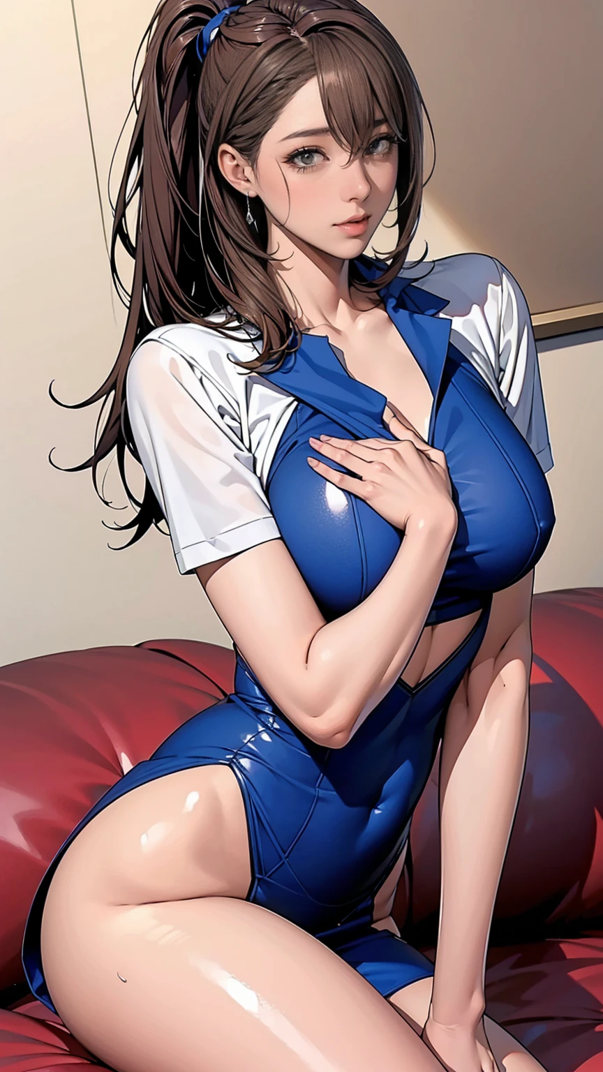 (highest quality, masterpiece:), ultra-high resolution, inside Cosplay venue,, Korean gravure model, 24 years old, remove censorship, tight, wearing school uniform, hig h le g, gigant ic brea sts, p uffy nipp le:1.4, skin ny, b angs, long hair, light brown hair, ponytail, choppy hair, unkempt hair:1.2, gorgeous earrings, beauty, embarrassed, blush:1.3, mature woman, please face forward and look at the camera,