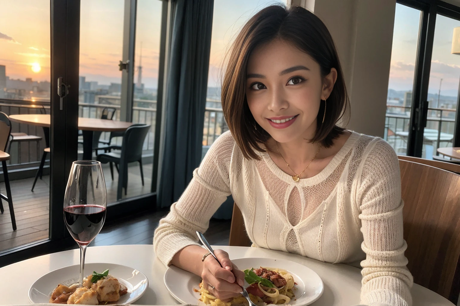 (Realistic:1.1),(masterpiece,Highest quality),8k,(49 years old), 53 years old, ベリーslimボディ、slimカップル、Tight waist,Upper Body,full-course dinner、wine 、Amazing view of the sunset sky and clouds、Perfect Anatomy, Brown Hair, short hair,Random Hairstyles,((Highly detailed face and eyes:1.2)),Perfect golden ratio face,Long sleeve shirt、dress,(smile:1.2)、Shortcuts、cute、(Realistic, Intricate details:1.2), A bright smile、short hair,Bright Face、赤wine 、Appetizers、Italian food、wine bottle、Champagne、スパークリングwine、(slimな顔), (The body is slim), (Brown Hair), (Shortcuts), Upper Body, 白wine, slim, wineグラス,