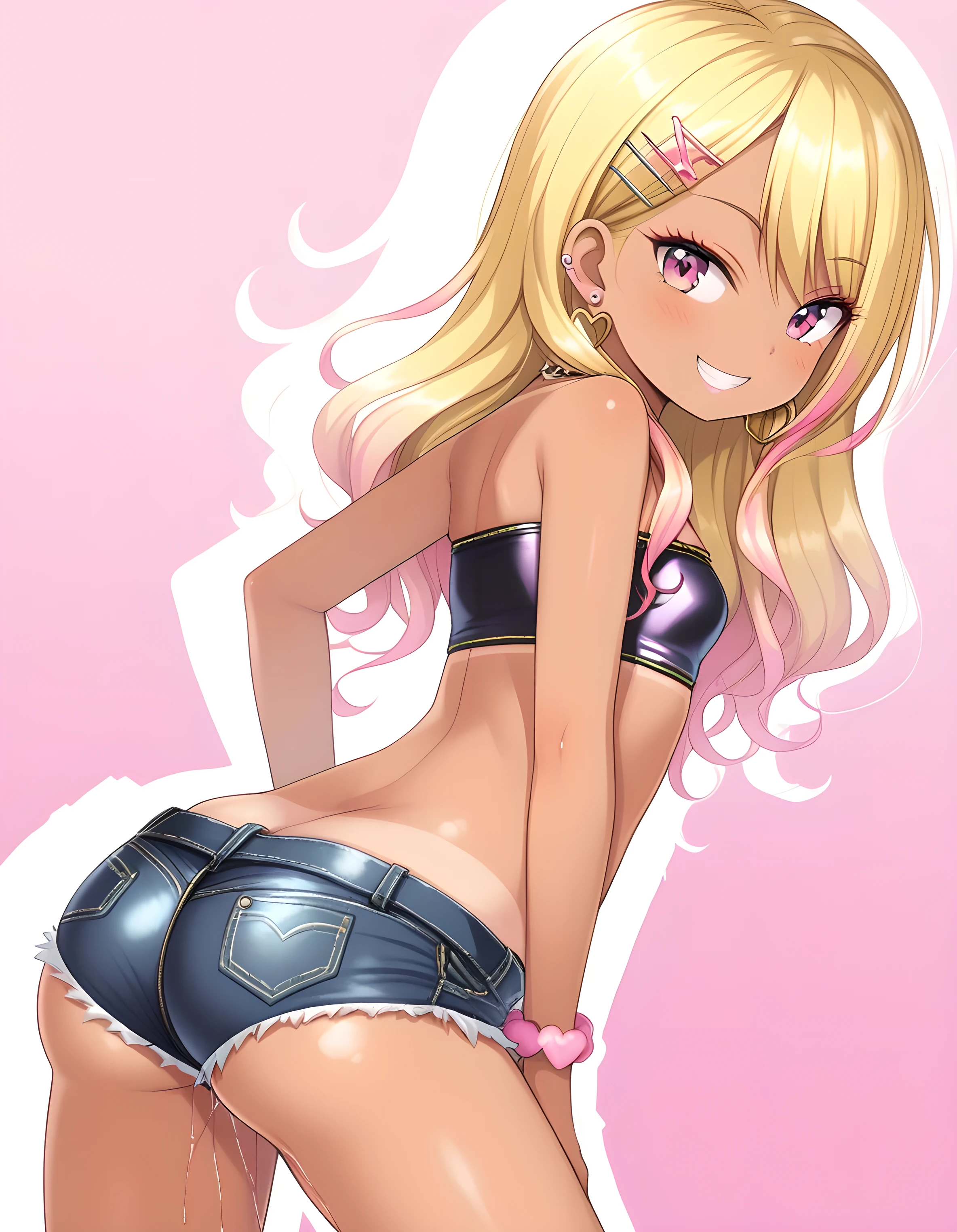 By mantis-x, (gyaru), young girl, tight small hotpants, small breasts, playful smile, blonde hair, ((tanned skin)), solo, midriff, tube top, ass shake, lewd dance, unzipped pants, pussy, pussy juice