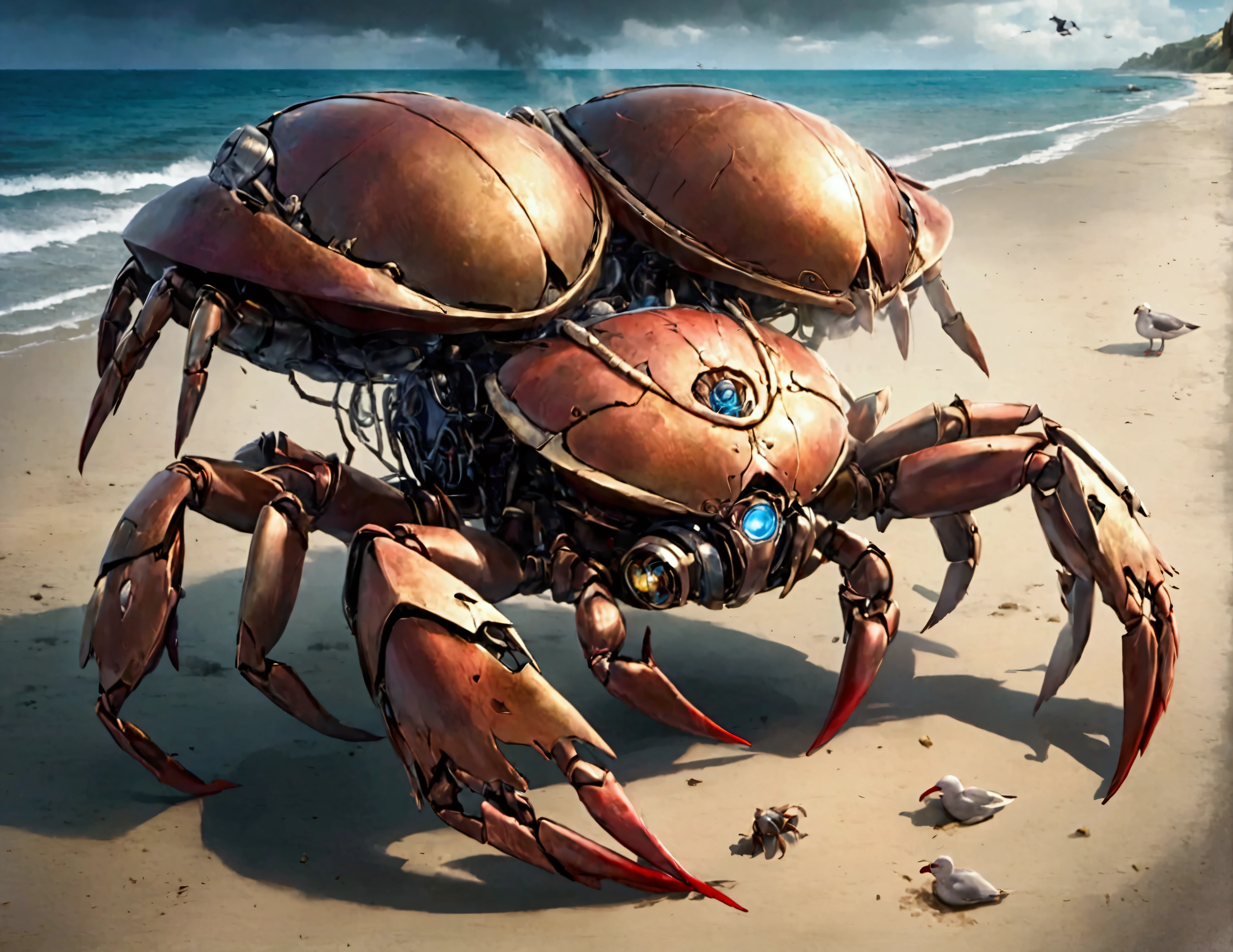 a steam punk crab cyborg, robotic seagull, battle on beach, highly detailed, cinematic, dramatic lighting, gritty, moody, metallic textures, rust, steam effects, explosion effects, epic scale, dynamic poses, photorealistic, 4k, 8k, hyper detailed, award winning concept art
