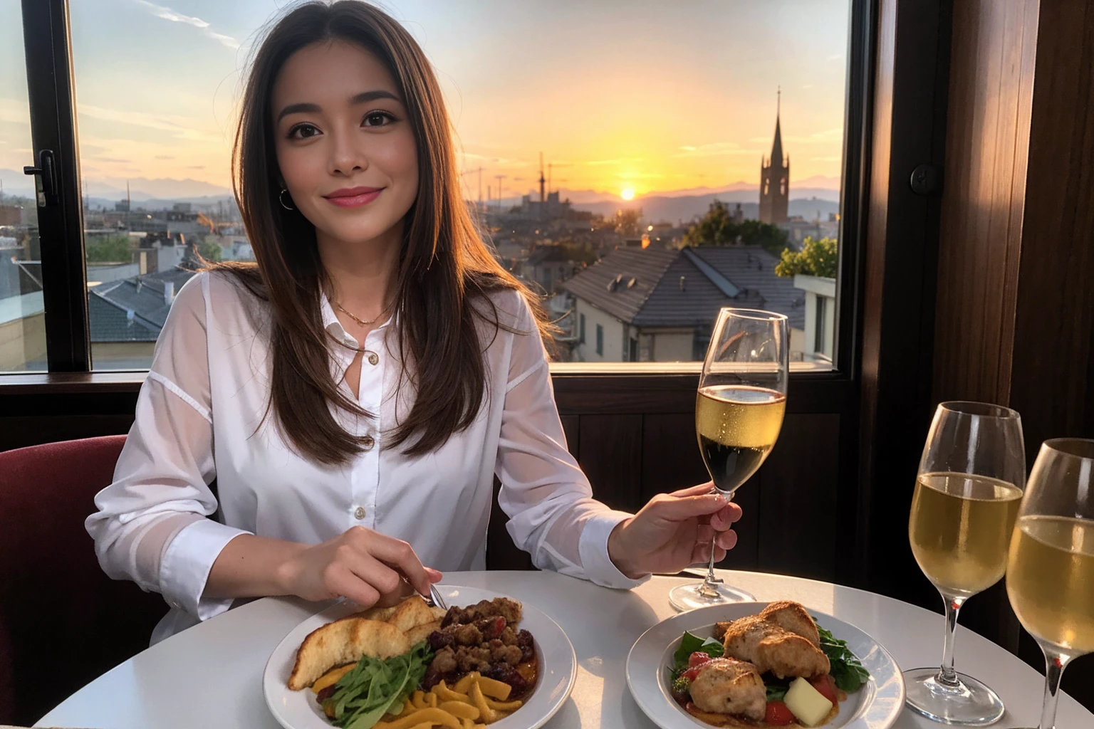 (Realistic:1.1),(masterpiece,Highest quality),8k,(40 years old), 42 years old, slimカップル、Model Couple、actress/actor、Tight waist,Upper Body,full-course dinner、wine 、Amazing view of the sunset sky and clouds、Perfect Anatomy, Brown Hair, short hair,Random Hairstyles,((Highly detailed face and eyes:1.2))(cute顔:1.4),美しいactressの顔,Perfect golden ratio face,Long sleeve shirt、dress,(smile:1.2)、Shortcuts、cute、(Realistic, Intricate details:1.2), A bright smile、short hair,Bright Face、赤wine 、Appetizers、Italian food、wine bottle、Champagne、スパークリングwine、(slimな顔), (The body is slim), (Brown Hair), (Shortcuts), Upper Body, 白wine, slim, wineグラス,