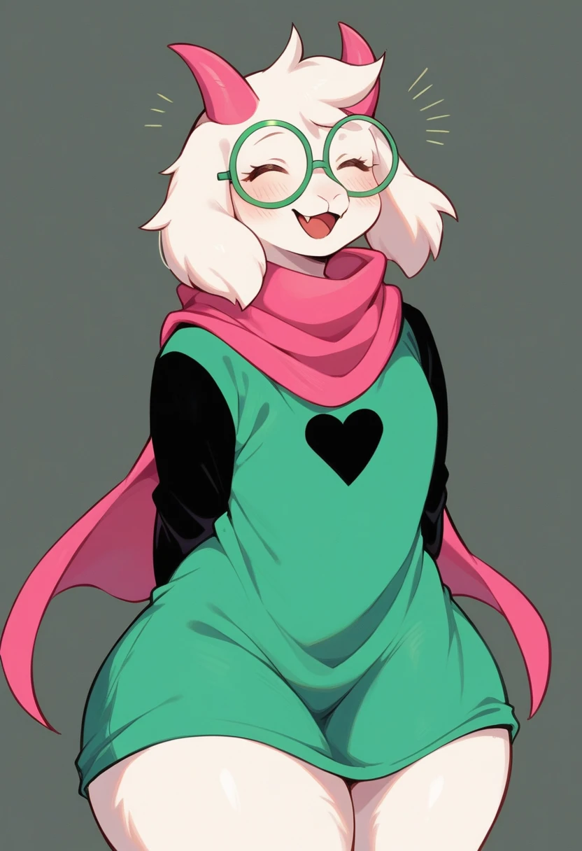 {{artist: %Zankuro%}} (score_9, score_8_up),furry, fur, face, Ralsei(deltarune), goat, white fur, pink horns, black sleeves, cute, green glasses, hatless, green shirt, standing, arms behind back,pink scarf,closed eyes, happy, Huge thighs, wide hips