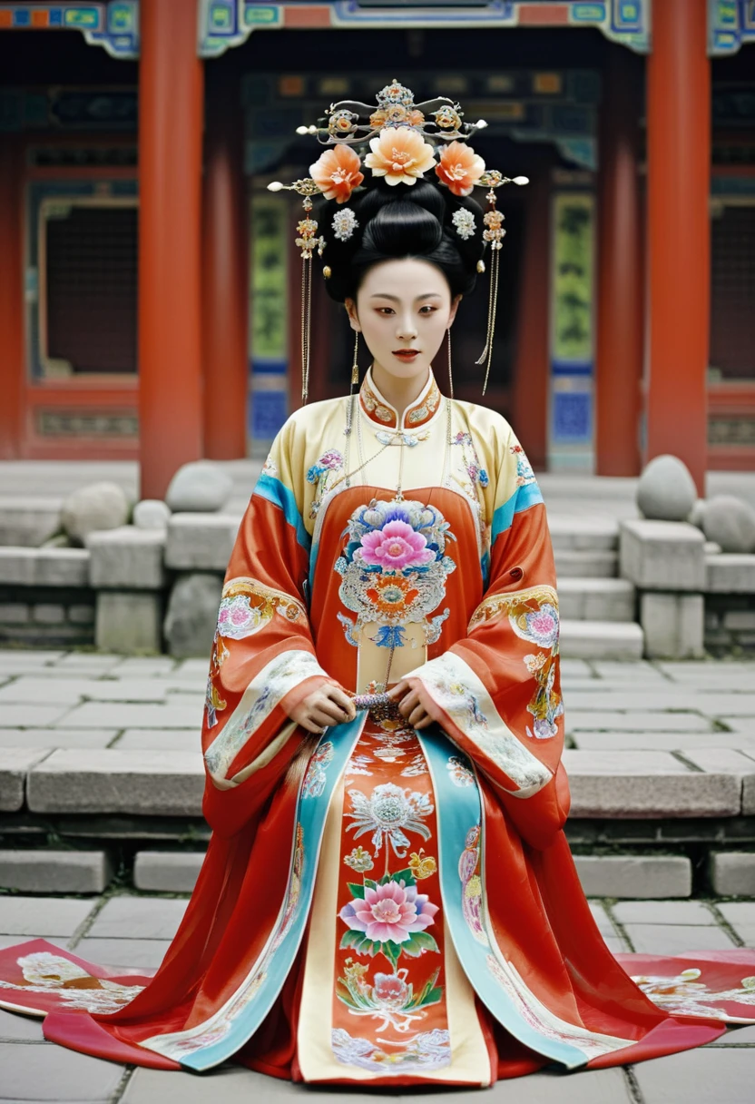 A Qing Dynasty empress is naked and playing with her pubic hair in the Chinese imperial court. A Qing Dynasty empress is wearing a large crown for a Chinese empress. Her hair is decorated with a large flower and a large crown.　 Her hair is tied up and pulled up. The background is the stone paving outside the Qing Dynasty.
