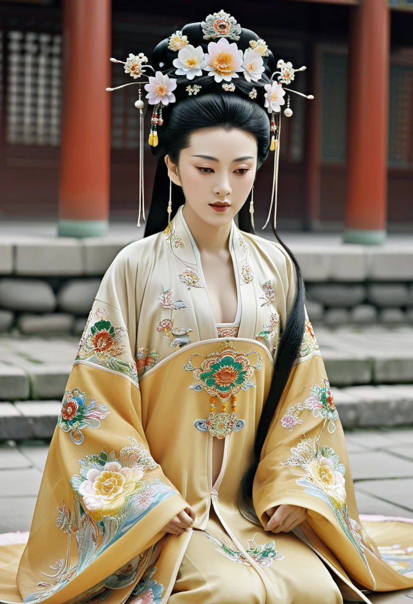 A Qing Dynasty empress is naked and playing with her pubic hair in the Chinese imperial court. A Qing Dynasty empress is wearing a large crown for a Chinese empress. Her hair is decorated with a large flower and a large crown.　 Her hair is tied up and pulled up. The background is the stone paving outside the Qing Dynasty.