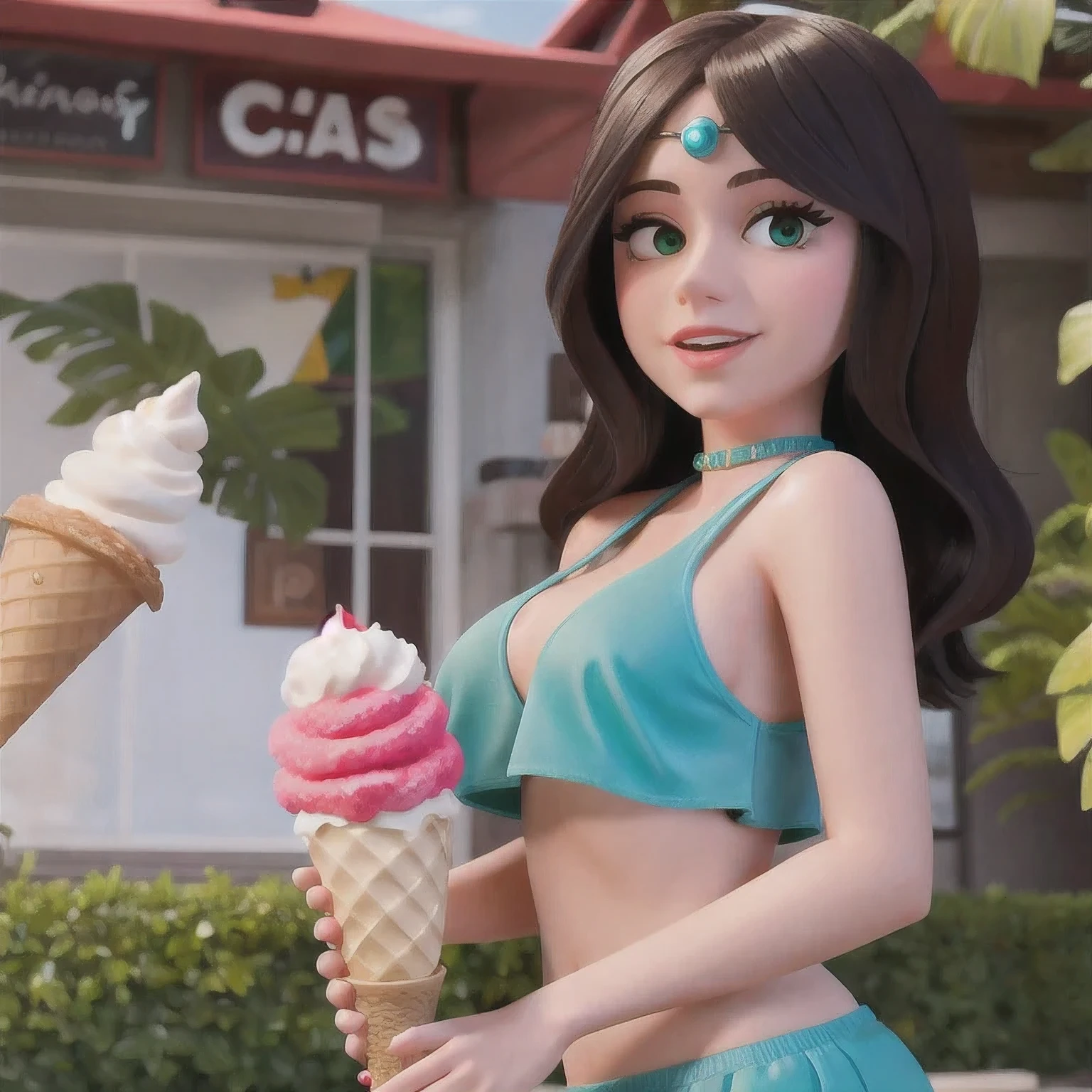 girl in a bikini eating an ice cream cone, eating ice cream, in a bikini, angela white, giorgia meloni, katy perry, in bikini, eating ice - cream, wearing spandex bikini, ice cream on the side, bikini, ice cream, wearing a bikini, candid photo of dirty, shiny plastic bikini, candid shot, cone, 1 girl, solo，in a green dress standing by a wall,portrait of female idol