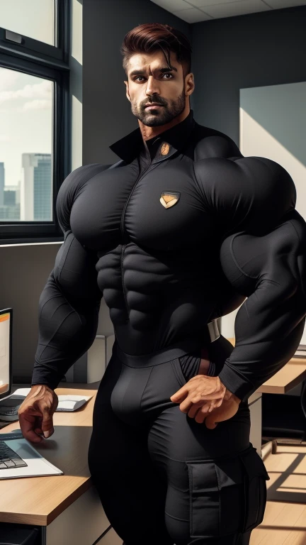 Indian 30 years old muscular bodybuilder business man, award-winning perfect photo of a bodybuilder man, tight fittted black flight suit with black accents with huge bulge, brown hair falling on his face, (beautiful black eyes:1.35), square jawline, asymmetric face, standing in front of a window in office, head to thighs, realistic, hd, hdr, 